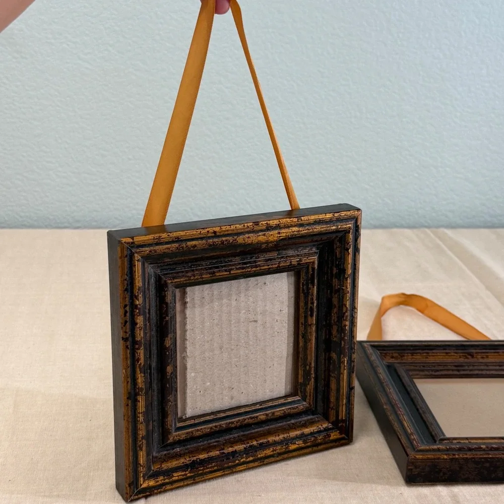 Set of 2 Distressed Gold Bronze Square Picture Frames with Ribbon Hangers 7x7